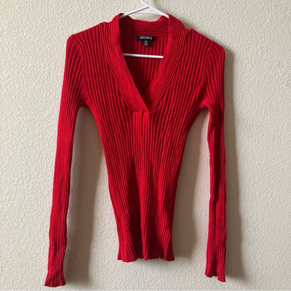George Deep Red Stretchy Ribbed Form Fitting Tight V Neck Long Sleeve Sweater S